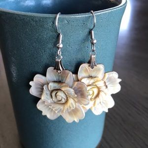 Vintage Mother Of Pearl Carved Flower Earrings